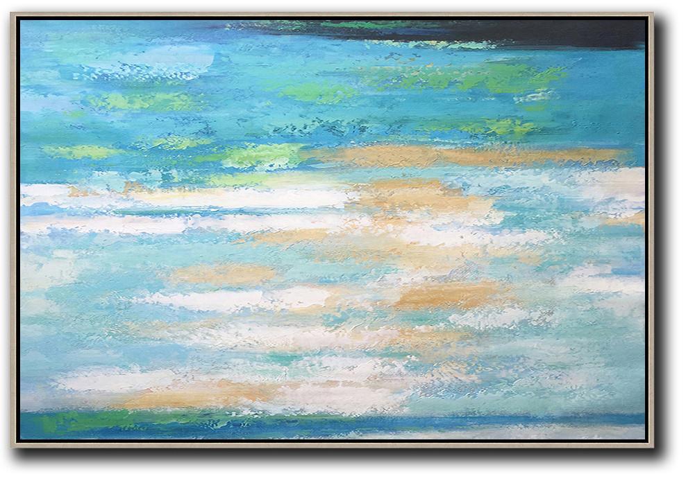 Original Extra Large Wall Art,Oversized Horizontal Abstract Landscape Art,Canvas Wall Paintings,Blue,Earthy Yellow,White.etc